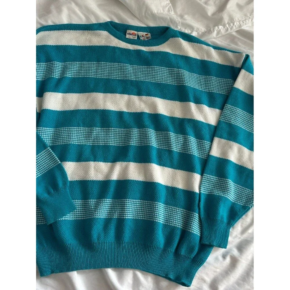 Vintage Ellesse Italy Striped Sweater Men’s L Blue White Cotton Acrylic 90s Knit
